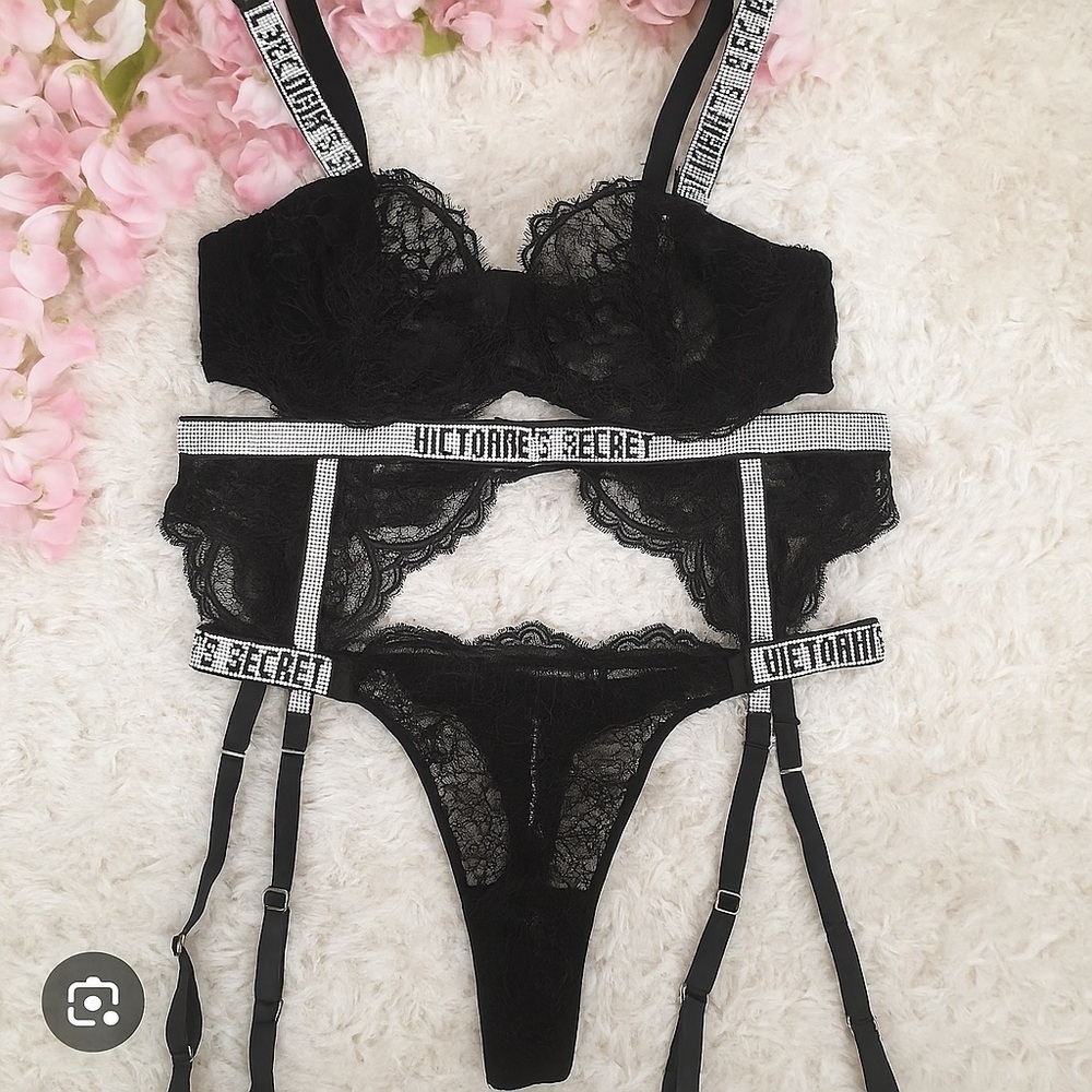 Victoria's Secret Black Lace Bra with Garter and Lace Panty